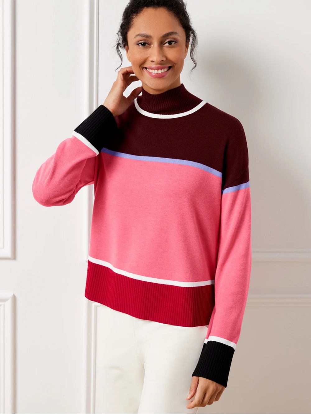 Talbots Mockneck Sweater Striped Colorblock Maroon Pink Red Size 3X NWT